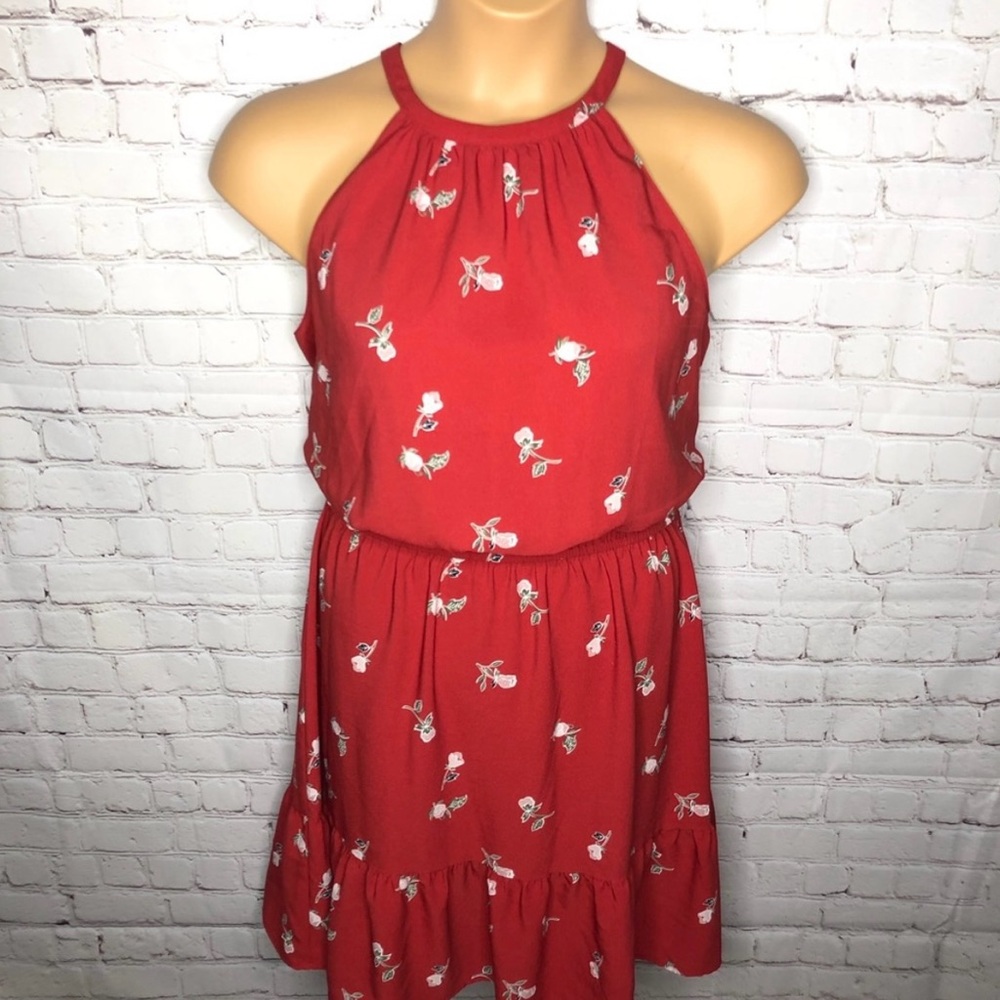 Loft Red Floral A Line Ruffle Hem Dress L